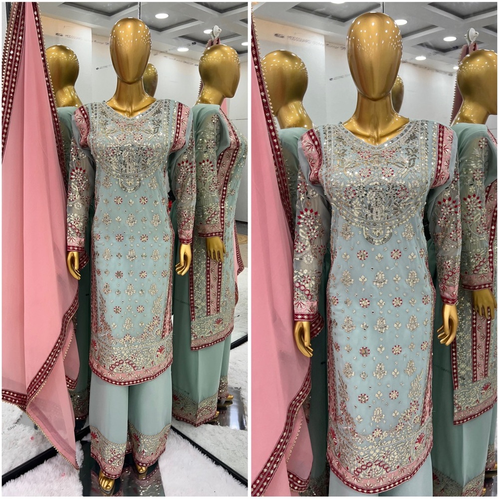 Embroidered Light Blue and Pink Indian Traditional Outfit